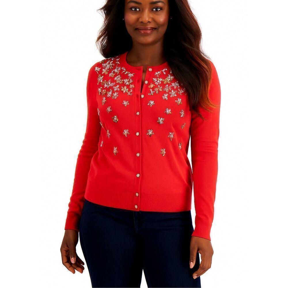 Charter Club Women's Size XXL Cardigan Sweater Red Sequins Rhinestone Buttons